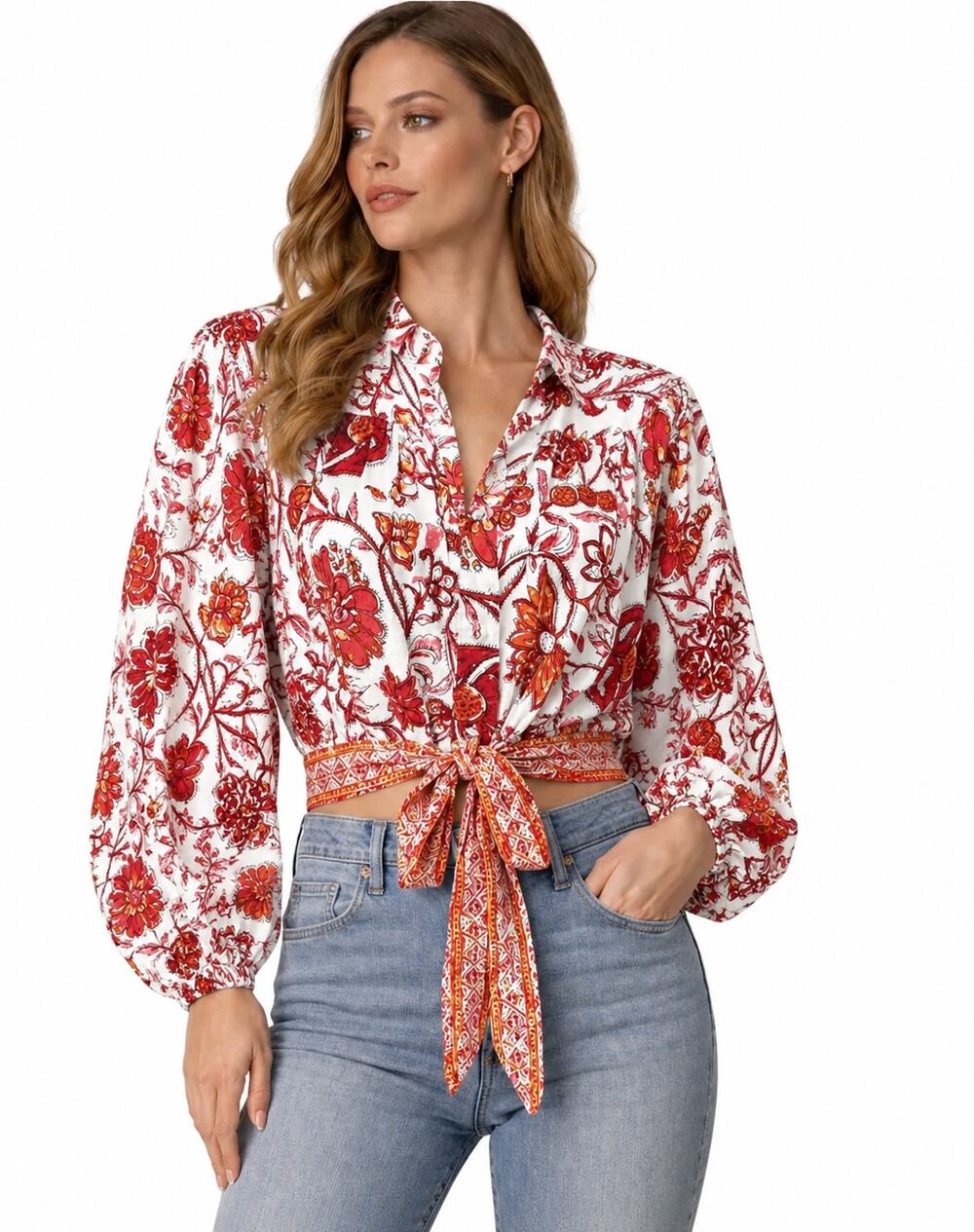 Nicole Miller Floral Tie Front Blouse M Red White Balloon Sleeve Boho Crop Top